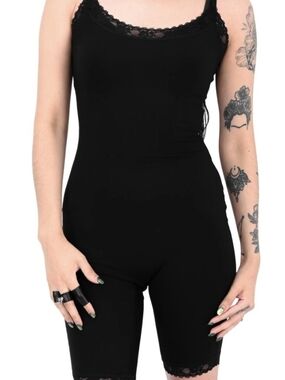 Black Lace-Trim Bodysuit Romper - Women's Jumpsuit